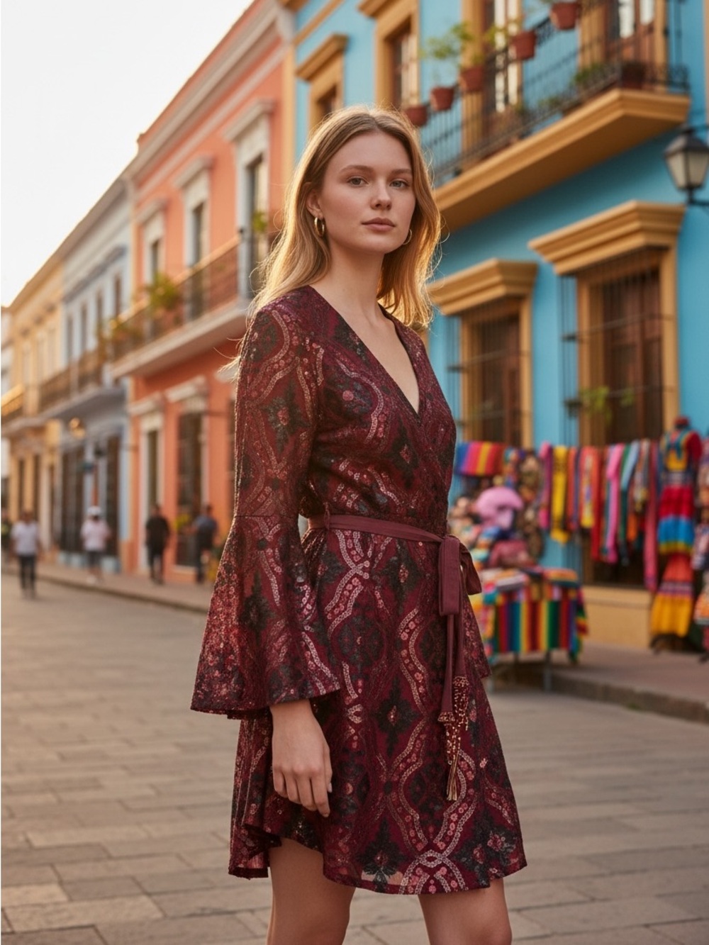 Embroidered Burgundy Sequined Wrap Mini Dress with Tie Waist